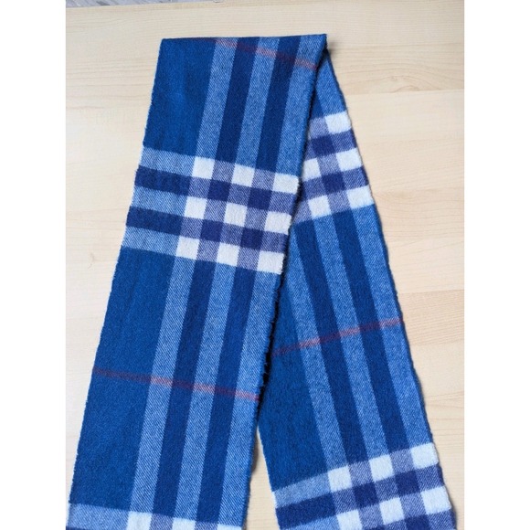 Burberry 100% Cashmere Made In Scotland Narrow Blue Tartan Plaid Scarf - Picture 15 of 16